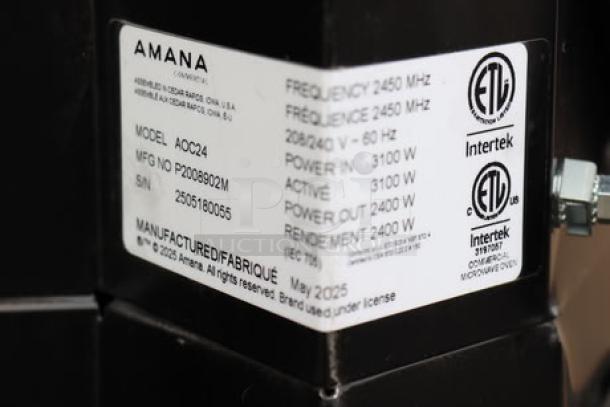 BRAND NEW Amana AOC24 Commercial Microwave, 208/240V, 2400W, S/N: 2506180055, scratch-n-dent condition.