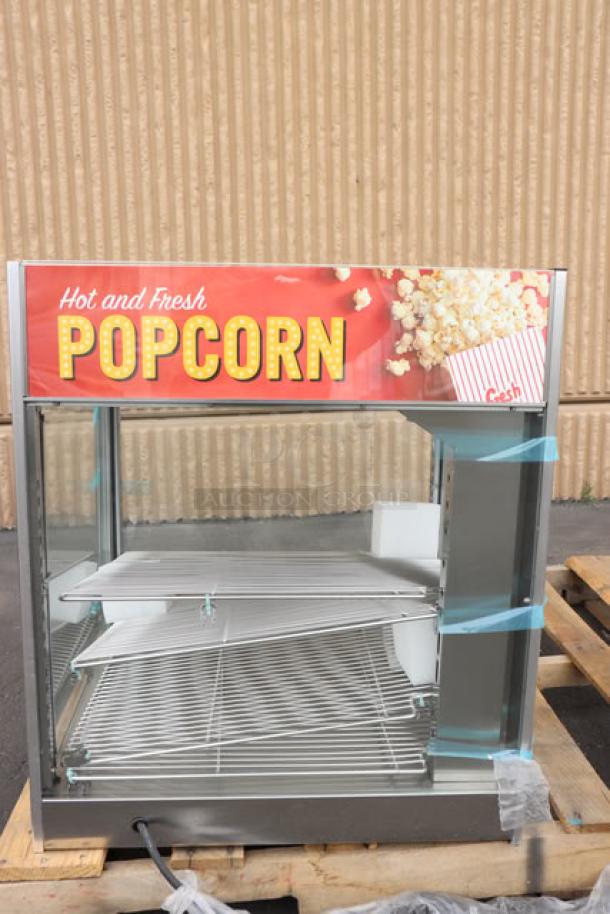 ServIt PDW18D2S display warmer, 18" countertop model with 4 shelves, 120V, glass damaged on one side, brand new.