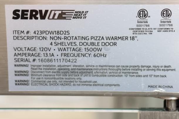 ServIt PDW18D2S display warmer with 4 shelves, 18", 120V, 1,500W. Glass damaged on one side. Serial: 1608611170422.