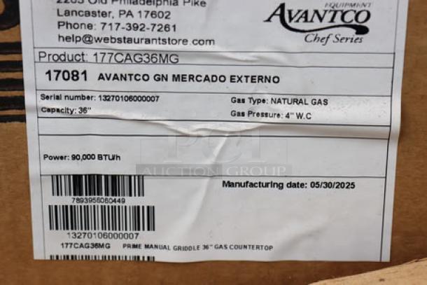 BRAND NEW Avantco CAG-36-RC gas charbroiler, 36", 90,000 BTU, in box. Packaging damaged, light rust on griddle edge. S/N: 13270106000007.