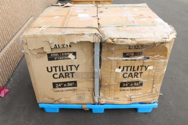 Brand new Lavex 36"x24"x35" steel utility cart, model 257FSUC24363, in damaged packaging, may miss small parts.