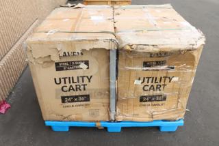 Brand new Lavex 36"x24"x35" steel utility cart, model 257FSUC24363, in damaged packaging, may miss small parts.