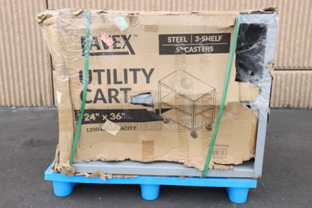 Brand new Lavex 36" x 24" x 35" steel utility cart in damaged packaging. Model 257FSUC24363. May be missing small parts.