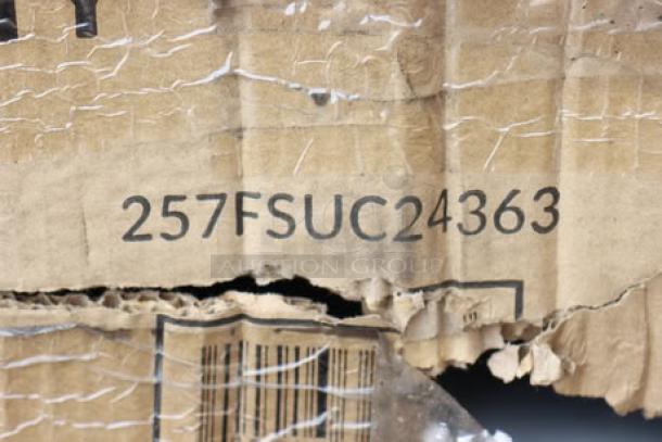 Damaged packaging showing model number 257FSUC24363 for Lavex 36" x 24" x 35" steel utility cart.