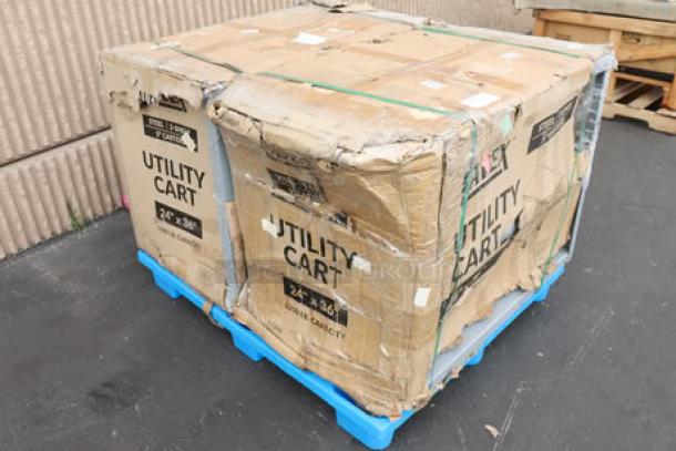 Brand new Lavex 36" x 24" x 35" steel utility cart, model 257FSUC24363, in damaged packaging on blue pallet.