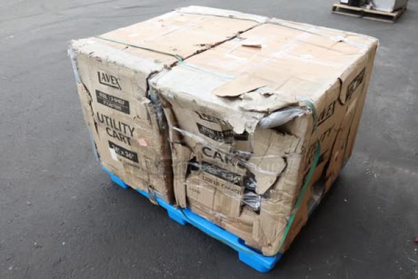 Damaged box containing Lavex 36" x 24" x 35" three-shelf steel utility cart, model 257FSUC24363, possibly missing parts.