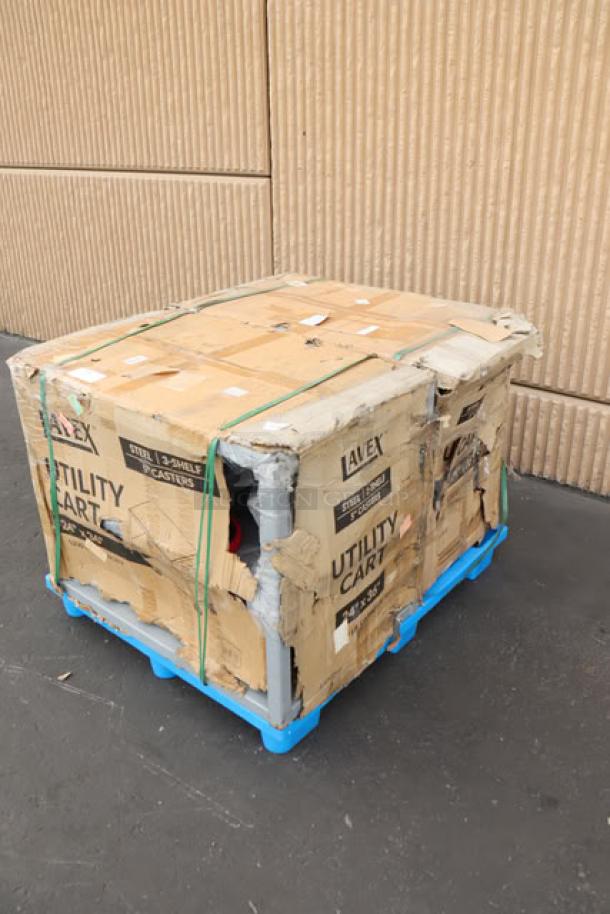 Brand new Lavex 36"x24"x35" steel utility cart in damaged packaging, model 257FSUC24363. Fully welded, may miss parts.