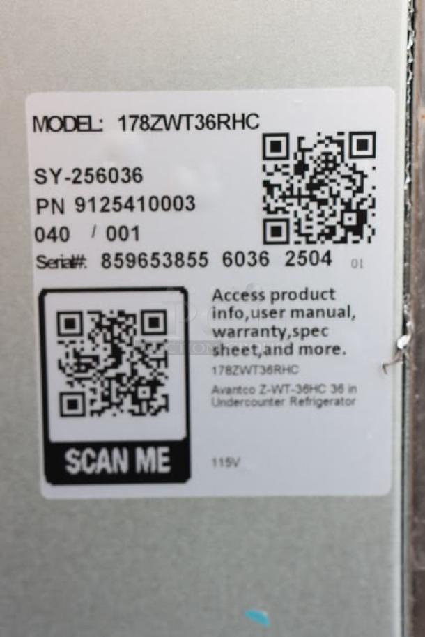 Avantco ZWT-36R-HC refrigerator label, S/N: 859653855, mentions model, part number, and QR codes for product info.