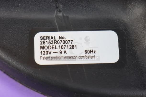 "ProTeam 107128 wet/dry vacuum label showing serial no. 25153R070077, 120V, 9A, 60Hz. Model label visible."