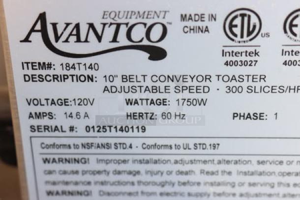 Avantco T140 conveyor toaster label, model details, 120V, 1750W, 300 slices/hr, S/N: 0125T140119, missing legs, scratch-n-dent.