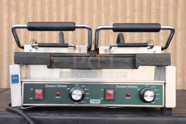 BRAND NEW SCRATCH-N-DENT Waring WFG300 dual panini grill, smooth top & bottom. 17"x9.25" cooking surface, 240V, 3120W.