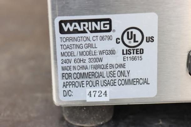 Waring WFG300 panini grill label showing model, power specs, and UL listing for commercial use.