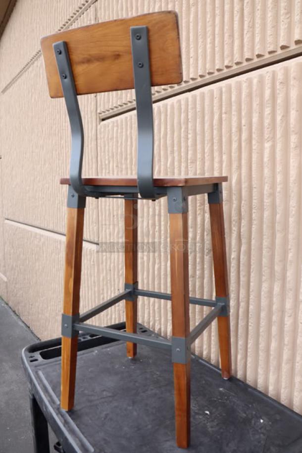 Lancaster Table & Seating bar stool, rustic walnut finish, industrial design, metal accents, model 164BINDWALAN, new condition.