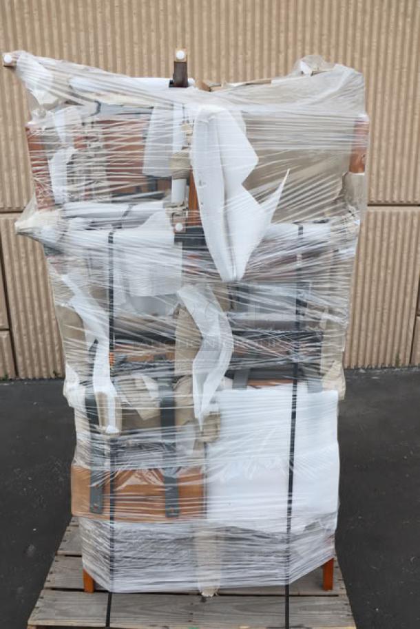 10 new Lancaster Table & Seating industrial bar stools in rustic walnut, model 164BINDWALAN, wrapped and stacked.