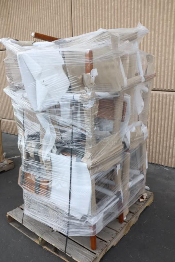 10 brand new Lancaster Table & Seating industrial bar stools, rustic walnut finish, model 164BINDWALAN, wrapped on a pallet.