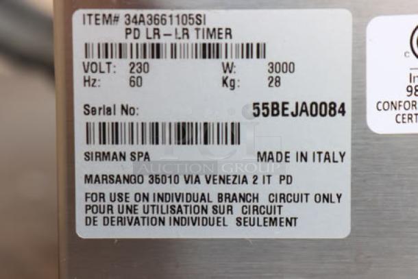 Sirman 34A3661105SI PD L Double Panini Grill, grooved top, smooth bottom, 10"x20" surface, 220V, 3000W, S/N: 55BEJA0084.