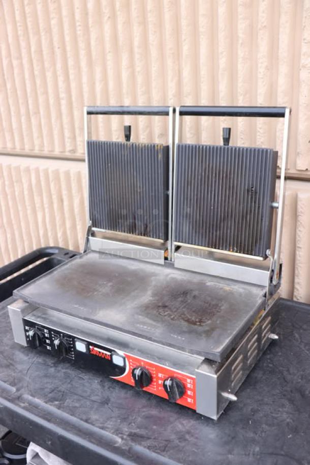 Sirman PD L Double Panini Grill, grooved top, smooth bottom, 10"x20" surface, model 34A3661105SI, used, S/N: 55BEJA0084.
