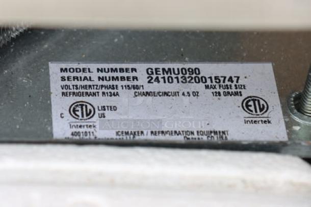 Ice-O-Matic GEMU090 undercounter ice machine label, showing model, serial number, voltage, and refrigerant details.