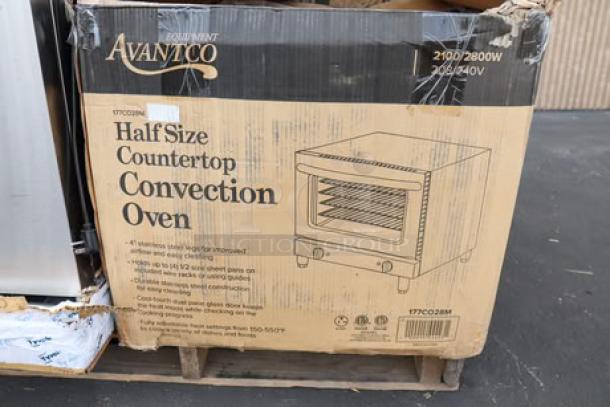Brand new Avantco CO-28M half-size countertop convection oven, 2.3 cu. ft., 208/240V, 2100/2800W. Glass is broken.