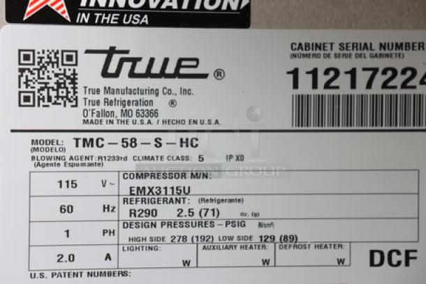 True TMC-58-S-HC milk cooler label, showing model, serial number 11217224, voltage, and technical specifications.