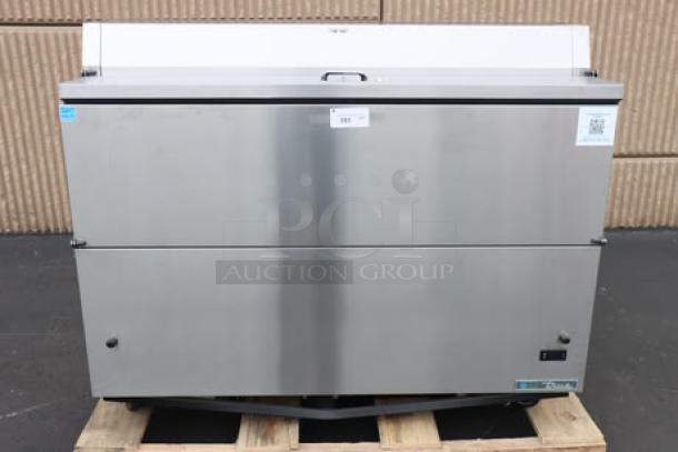 Brand new True TMC-58-S-HC milk cooler, stainless steel exterior, aluminum interior, 115V, 2.7A, serial no. 11217224.