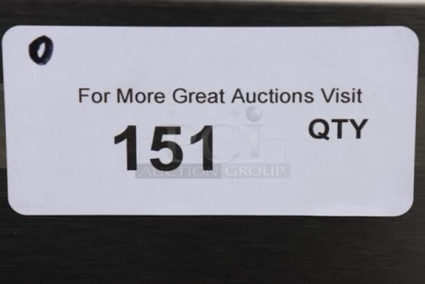 Sticker with text "For More Great Auctions Visit" and "151 QTY" on a surface, indicating item quantity.