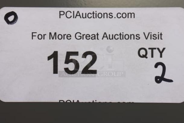 Alt text: "Auction label for Tennsco storage cabinet, model 6618DH-MGY, dark gray, new scratch-n-dent, QTY 2, item 152."