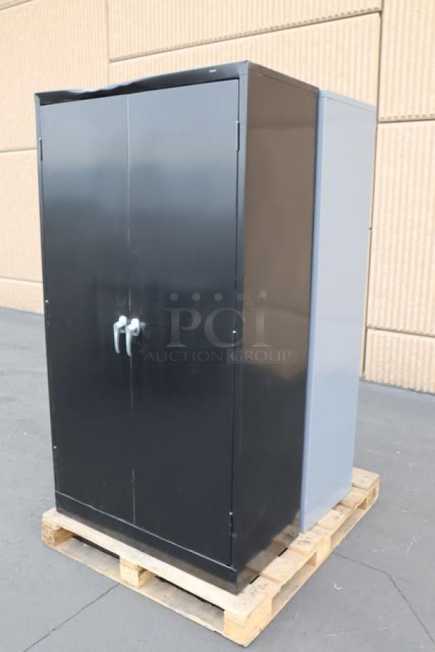 Tennsco 18"x36"x66" black storage cabinet, model 6618DH-BLK, solid doors, scratch-n-dent, new condition.