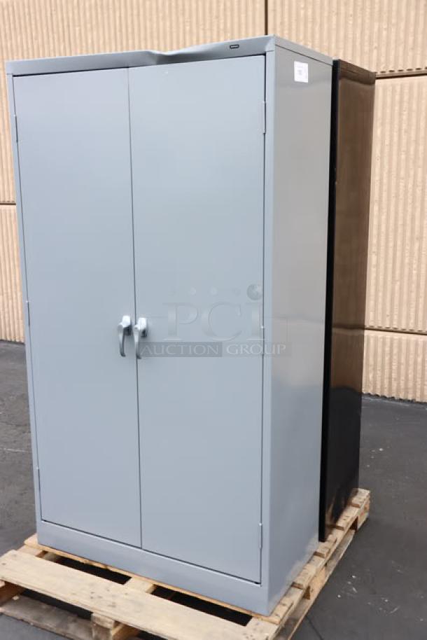 Brand new Tennsco 18"x36"x66" storage cabinets, dark gray and black, solid doors, models 6618DH-MGY & 6618DH-BLK, scratch-n-dent condition.