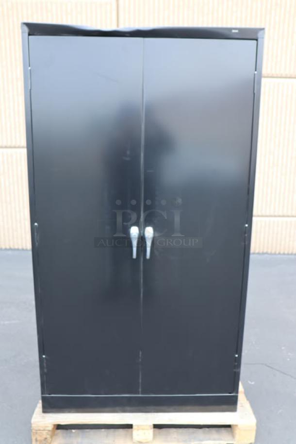 Tennsco storage cabinet, model 6618DH-BLK, black, 18"x36"x66", solid doors, new scratch-n-dent condition.