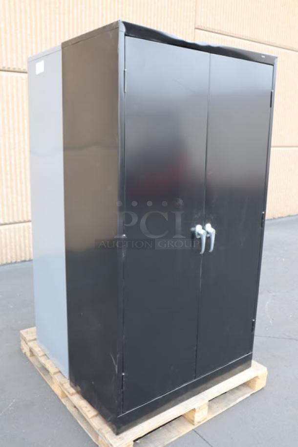 BRAND NEW Tennsco 18"x36"x66" storage cabinets in dark gray and black, models 6618DH-MGY & 6618DH-BLK, solid doors, assembled.