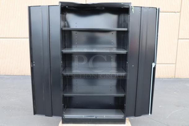 Tennsco 18" x 36" x 66" black storage cabinet with solid doors, featuring four shelves, scratch-n-dent condition. Model 6618DH-BLK.