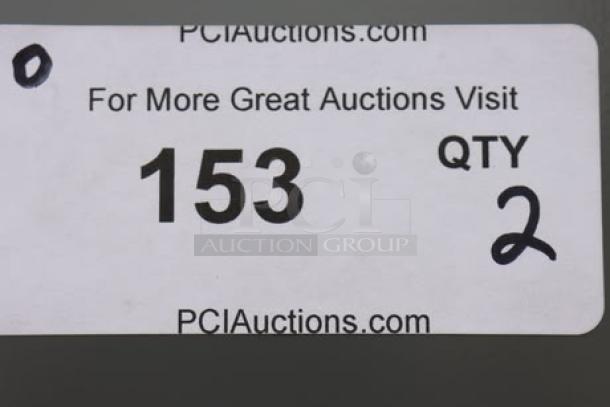 Auction tag for Tennsco storage cabinets lot 153, quantity 2, directing to PCI Auctions website.