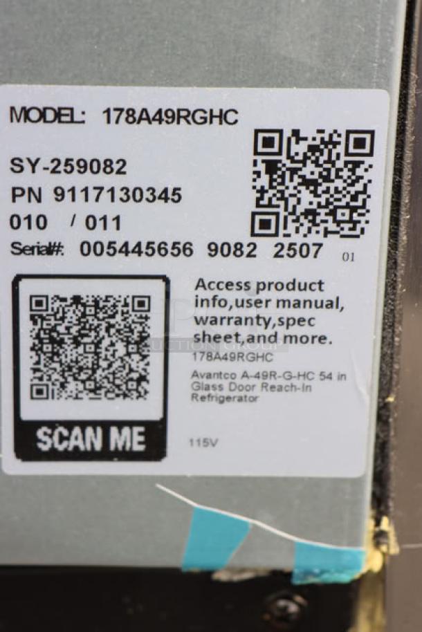 Avantco A-49R-G-HC refrigerator label showing model, serial number, QR codes, and voltage details. Brand new condition.