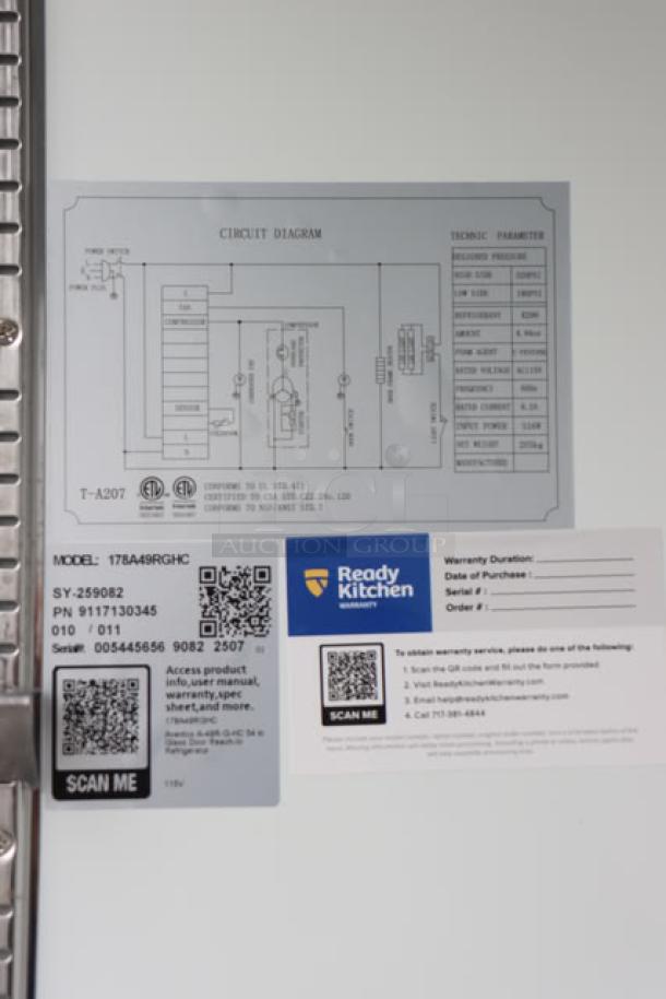 Avantco A-49R-G-HC 54" Glass Door Refrigerator, listing circuit diagram, warranty info, and serial number 005445656 9082 2507.