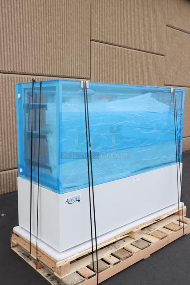 Brand new Avantco BCF-72-HC refrigerated bakery display case, 70 7/8" square glass, white, with protective blue wrap, on pallet.