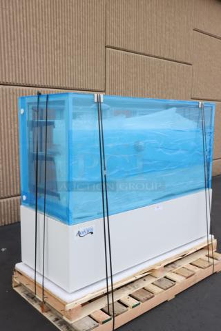 Brand new Avantco BCF-72-HC refrigerated bakery display case, 70 7/8" square glass, white, with protective blue wrap, on pallet.