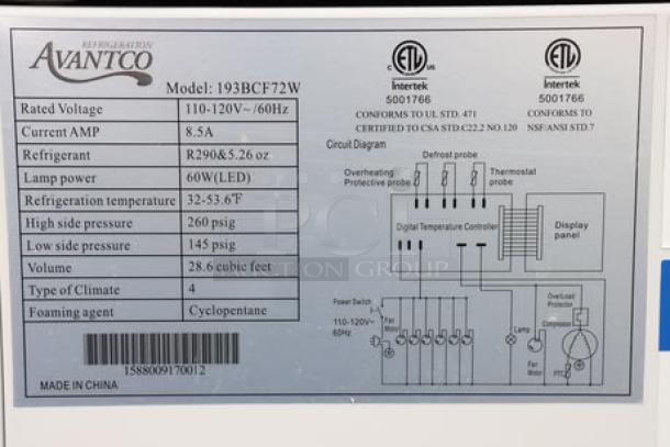 Brand new Avantco BCF-72-HC 70 7/8" white refrigerated bakery display case with square glass. Serial: 1588009170012. Out of packaging.