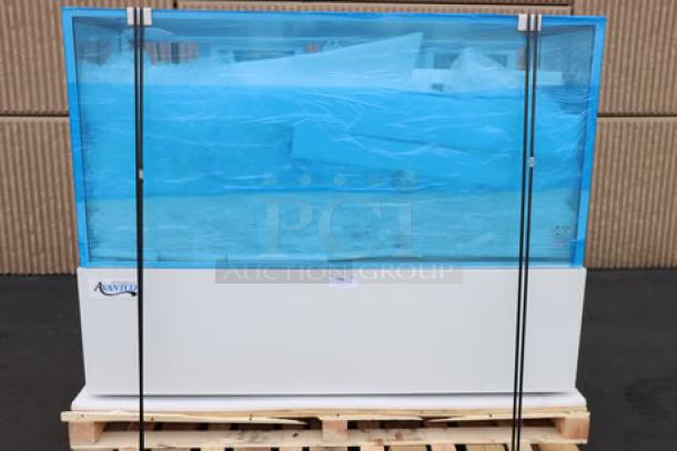 Brand new Avantco BCF-72-HC bakery display case, 70 7/8", square glass, white, serial number 1588009170012, on pallet.