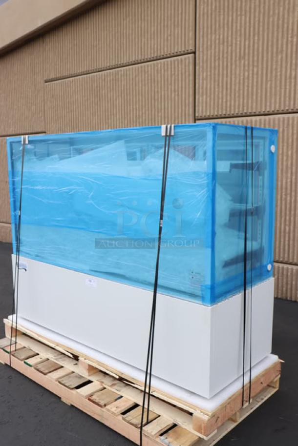 Brand new Avantco BCF-72-HC refrigerated bakery display case, 70 7/8" wide, square glass, white exterior, on a pallet.