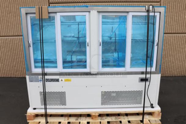 Brand new Avantco BCF-72-HC refrigerated display case, 70 7/8" wide. White exterior, square glass front, serial number 1588009170012.