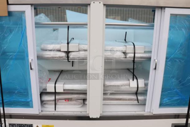 Brand new Avantco BCF-72-HC refrigerated bakery display case with square glass, white finish, and serial number 1588009170012.