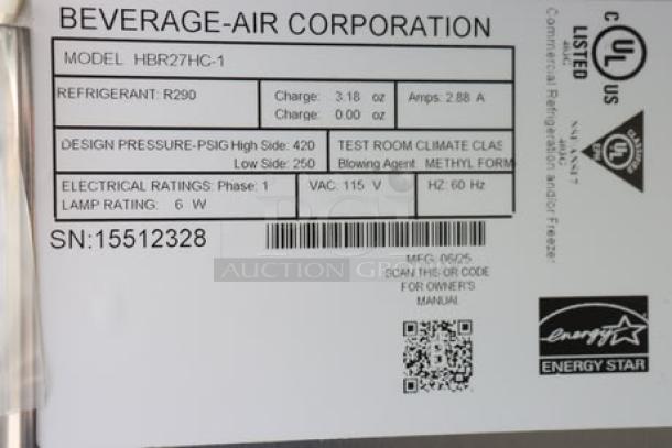 BRAND NEW Beverage-Air HBR27HC-1 refrigerator label, 115V, 3A, showing model, serial number 15512328, Energy Star rated.