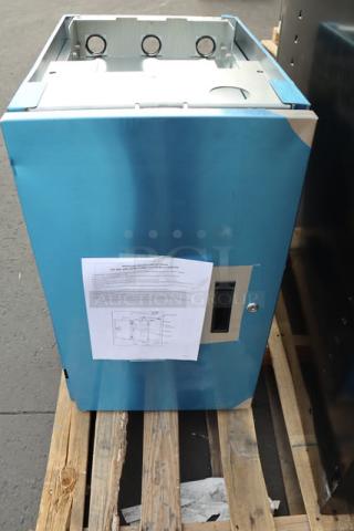 Brand new Hoshizaki SD-271 ice machine stand with lockable door, visible scratches and dents, S/N: Q54112E.