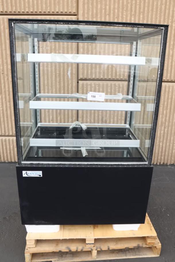 Brand new Avantco BCF-36-HC bakery display case, black, missing glass doors and shelves, serial number 1644201150037.