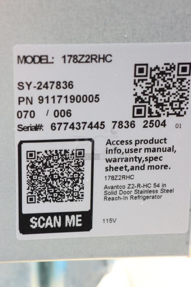 Avantco Z2-R-HC 54" solid door stainless steel reach-in refrigerator label, showing model and serial numbers, 115V.