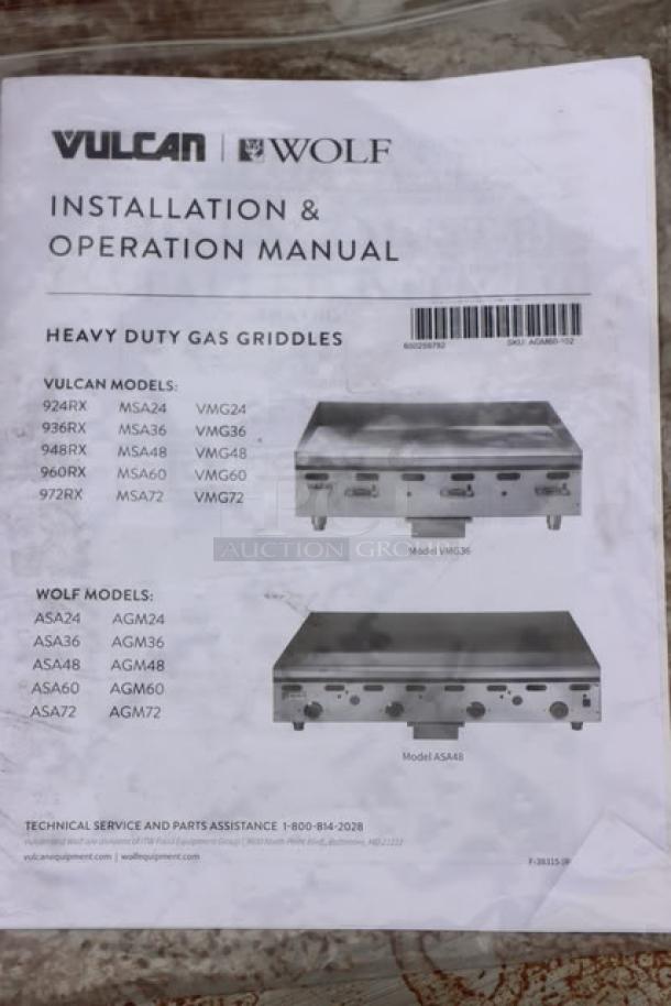 BRAND NEW SCRATCH-N-DENT Wolf by Vulcan AGM60-LP 60" gas griddle manual, missing legs, syrup stain, model details shown.