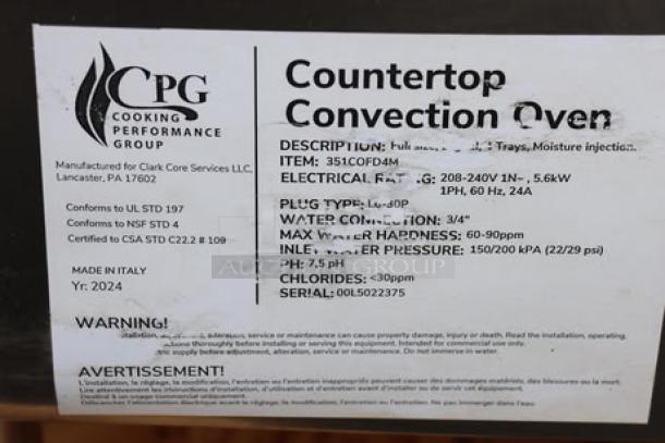 Cooking Performance Group COF-D4-M Electric Digital Convection Oven label, showing specifications, warnings, and serial number 00L5022375.