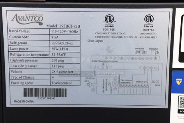 Avantco BCF-72-HC label detailing model, voltage, current, refrigerant type, capacity, and certification information.