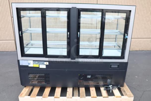 Brand new Avantco BCF-72-HC black refrigerated bakery display case, 70 7/8" square glass, 115V, model tags visible.